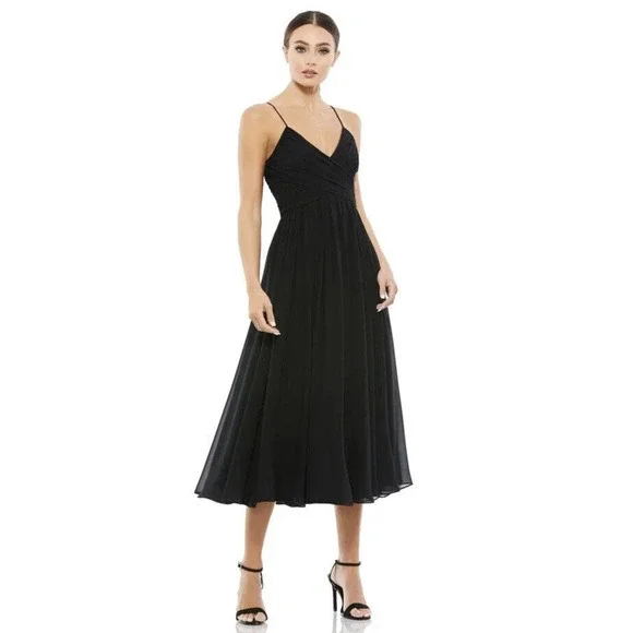 knee length dresses for ladies Women's V-Neck Midi Dress- Black main image 1